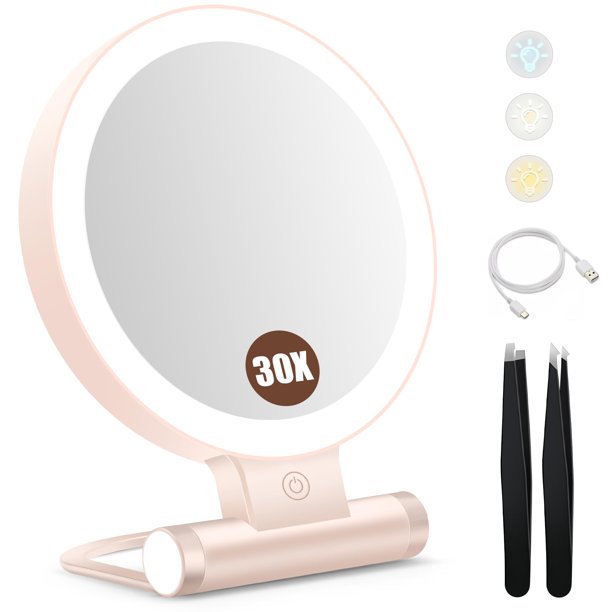 Espejo de aumento B Beauty Planet 30X con luz y batería de 2000mAh, rosa