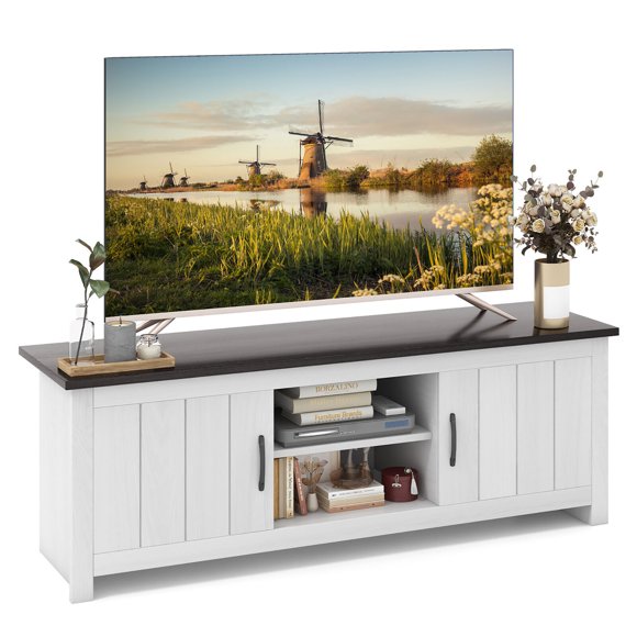 Gymax Farmhouse TV Stand for TVs up to 65'' Media Console Center w/ Doors Cubbies Dark Brown