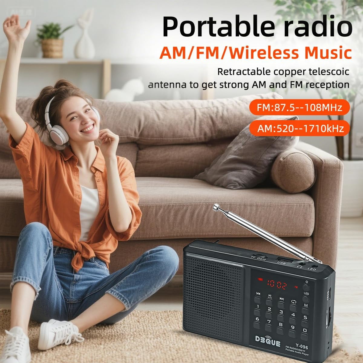 Portable AM FM Radio with Bluetooth Speaker, USB/TF Playback MP3 Player with USB-C Fast Charging, Auto Scan Save, Rechargeable Battery for Home Outdoor Use BT 5.0 Radio (Black)