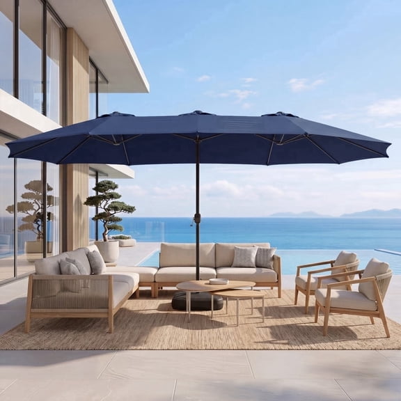 Meetleisure 15FT Large Patio Umbrella with Base Included, Outdoor Double Sided Rectangle Umbrella, Crank Handle, 12 Sturdy Ribs, for Deck Porch Pool, Blue