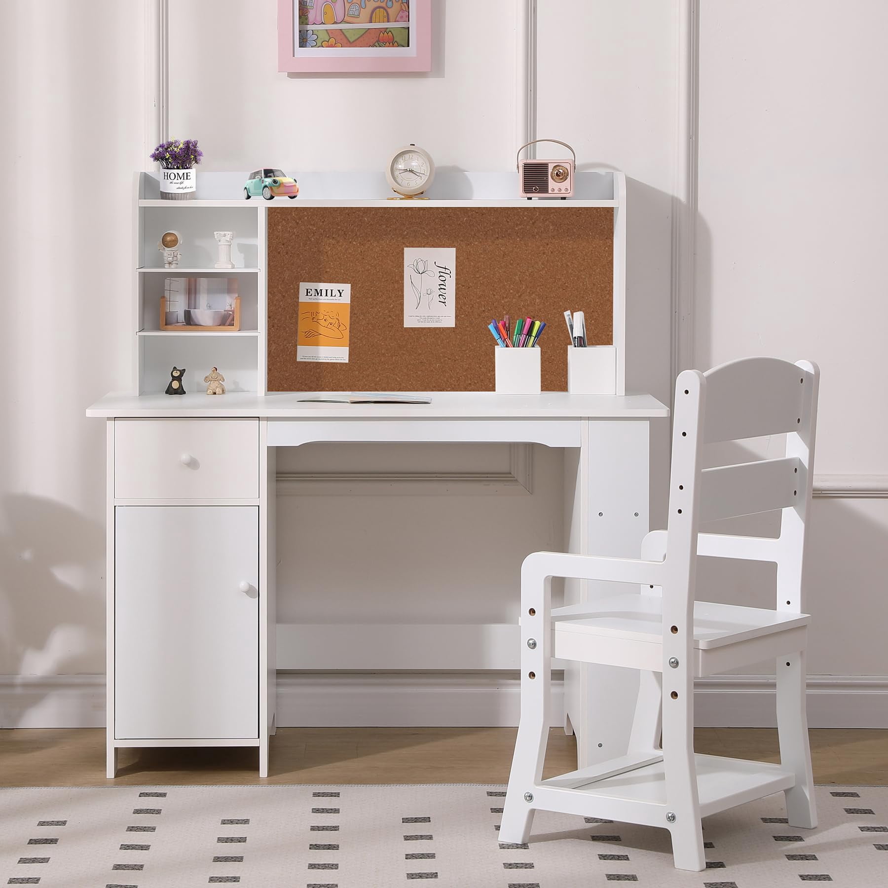 Danolapsi Kids Study Desk and Chair Set with Storage,White Learning Table with Bookshelf,Bulletin Board,and Cabinets,Ideal for Boys and Girls Ages 3-8
