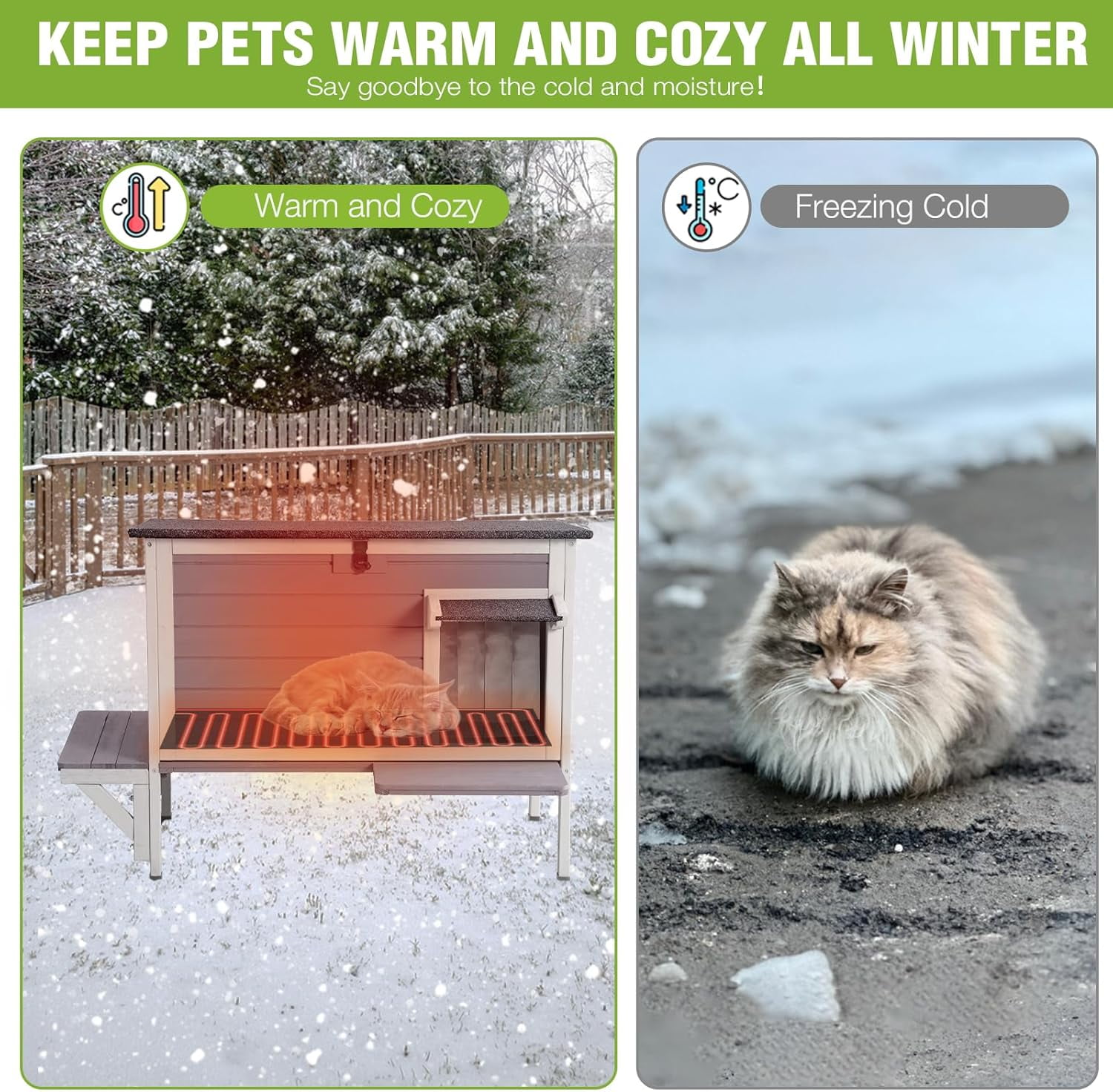 MEDEHOO Large Heated Cat House Outdoor Insulated Cat House Weatherproof Feral Cat Shelter with Thermostat-Controlled Heating Pad, 6-Sided Thermal Liner for 1-4 Feral Stray Barn Cats, 33.5" L