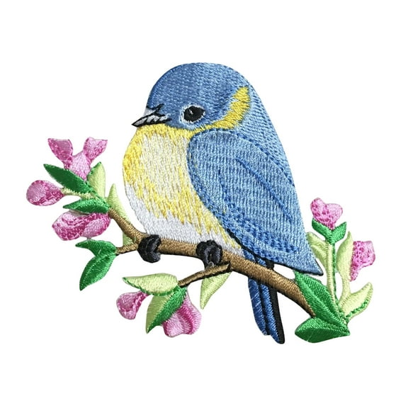 Bluebird on Branch - Facing Left - Pink Flowers/Natural Bird - Iron on Applique/Embroidered Patch