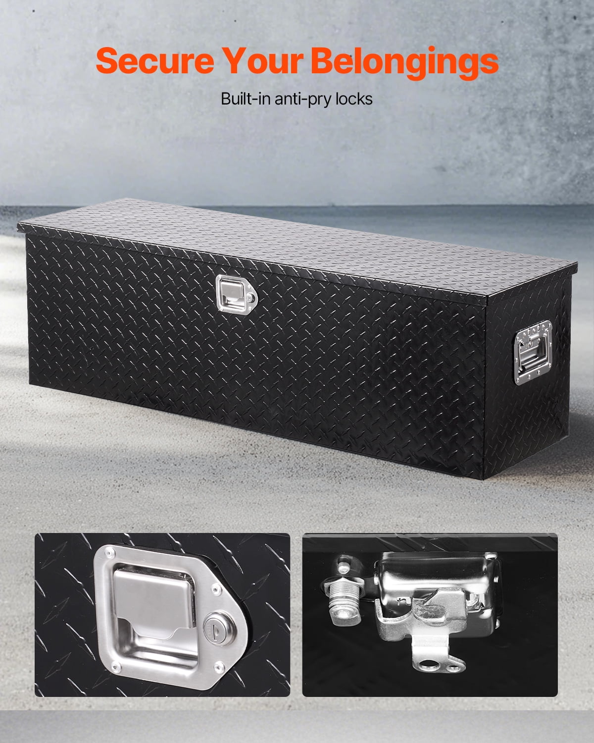 VEVOR Heavy Duty Aluminum Truck Bed Tool Box, Diamond Plate Tool Box with Side Handle and Lock Keys, Storage Toolbox Chest Organizer for Trailer, Pickup, Truck Bed, RV, 49"x15"x15", Black
