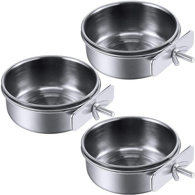 Juego de 3 comederos para loros de acero inoxidable, con soporte de abrazadera para comedero para pájaros