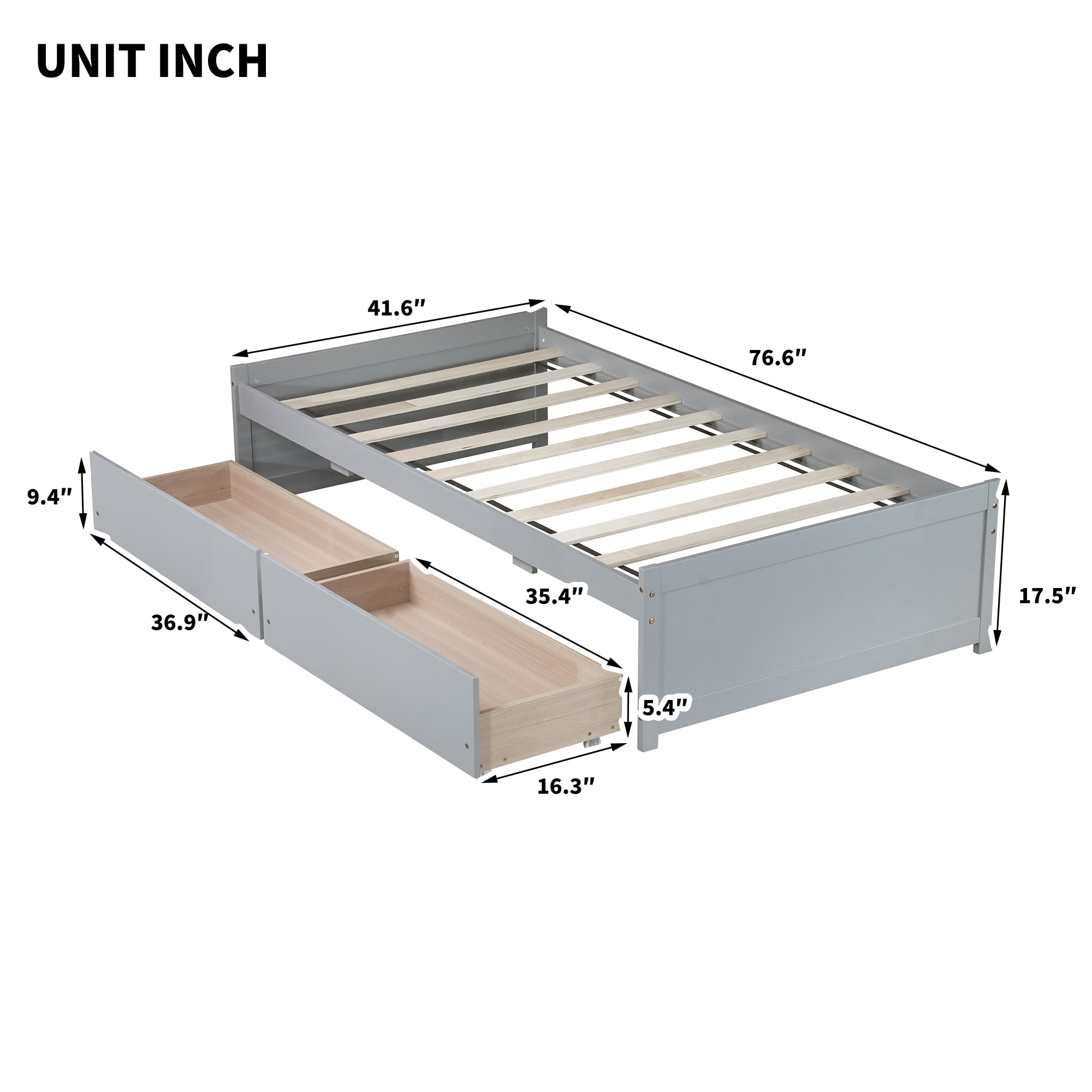 Sailvan Twin Size Bed with 2 Drawers, Solid Rubber Wood Bed