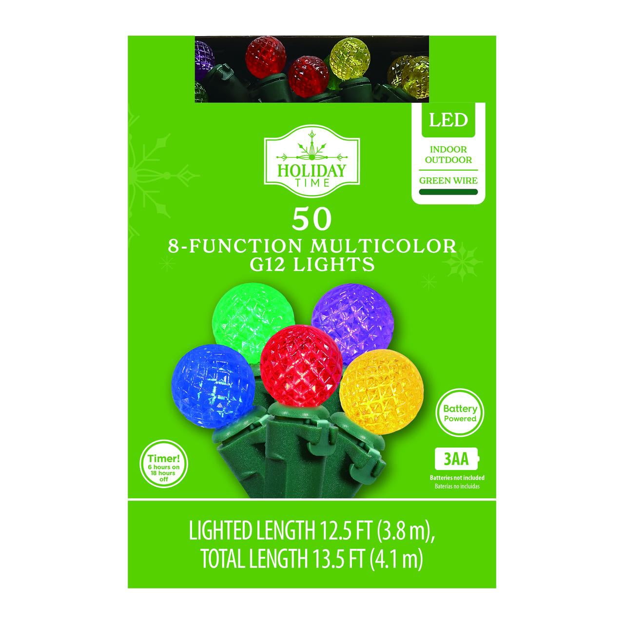 Indoor/Outdoor Battery-Operated 8-Function G12 Christmas String Lights, Multicolor, 12.5', by Holiday Time