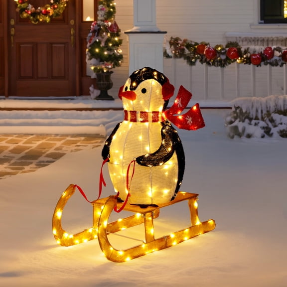 UBesGoo Christmas Penguin on A Sled Lighted Christmas Decoration Outdoor Yard Decor