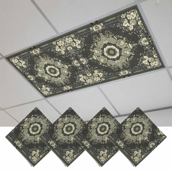 Sage Green Grey Boho Fluorescent Light Covers, Vintage Ethnic Geometric Abstract Magnetic Light Covers for Ceiling Lights, Fluorescent Ceiling Shade Filters for Classroom Bedroom Office 4x2Ft x 4PCS