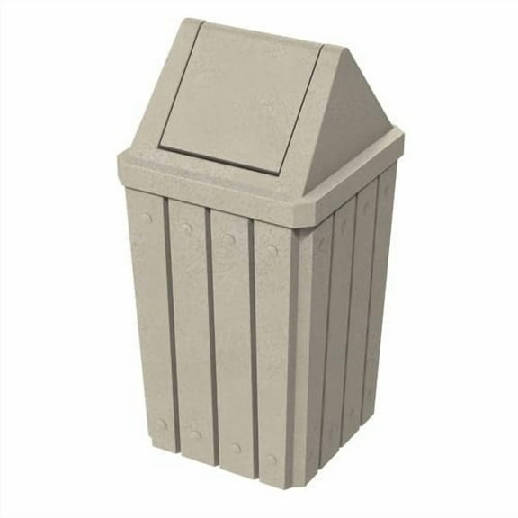 Sturdy Essentials 32 Gallon Square Slated 100% Recycled Plastic Heavy Duty Outdoor Trash Can with Swing Top Lid - Beige Granite