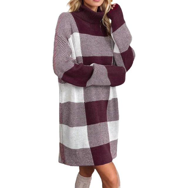 Vestido suéter Gibobby Navideño Mujer contraste colores a cuadros sueltos cuello otoño invierno Rojo L