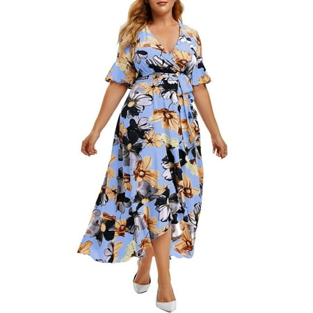 Dyegold Summer Dresses for Women 2023, Women Plus Size Maxi Dresses Floral Printed Empire Waist V Neck Short Sleeve Summer Casual Flowy Long Dress Boho Maxi Dress