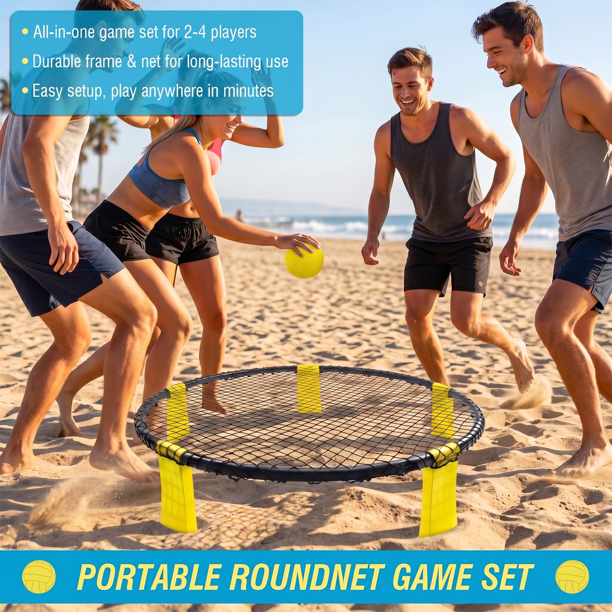 Portable Roundnet Game Set, Complete Kit with 2 Balls, Heavy-Duty Net and Carry Bag, Fun Outdoor Game for Beach Backyard Park Camping Family Parties
