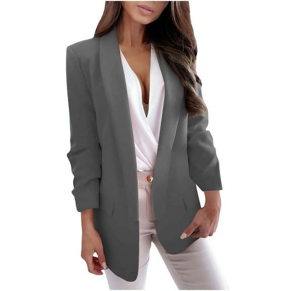 Savings Clearance 2024! Funicet Womens Casual Loose Blazers Long Sleeve Pockets Work Office Jacket Blazer Dark Gray M