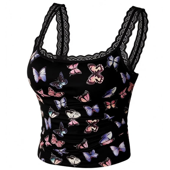 Lace Tank Tops With Built In Bras Lace Camisole Sleeveless Slim Fit Butterfly Print Tank Tops Casual Party Club Y2K Tight Fitted Tankini Camis Lace Trim Spaghetti Strap Tank Top Going Out Cami Shirt