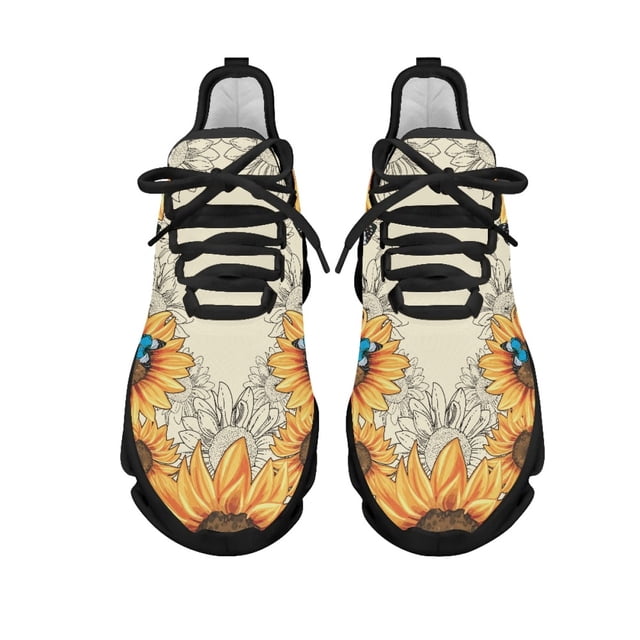 Pretty Butterfly Sunflower Print Ladies Flats Spring Autumn Outdoor Work Breathable Running Shoes Mesh Shock Absorbing Sneakers