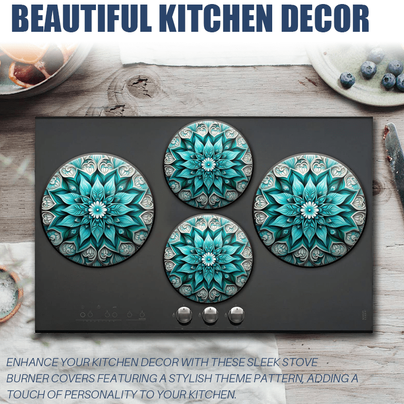 BaHomeck Electric Stove Burner Covers Set of 4,Round Metal Gas Stove Burner Covers 8 Inch and 10 Inch,Kitchen Decor,Teal Mandala With Intricate Patterns