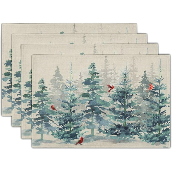 Winter Forest Tree Placemats Set of 4,Pine Tree Christmas Red Bird Heat Resistant Non Slip Place Mats Cotton Linen Tablemats for Dining Table Kitchen Decor 18 x 12 Inch