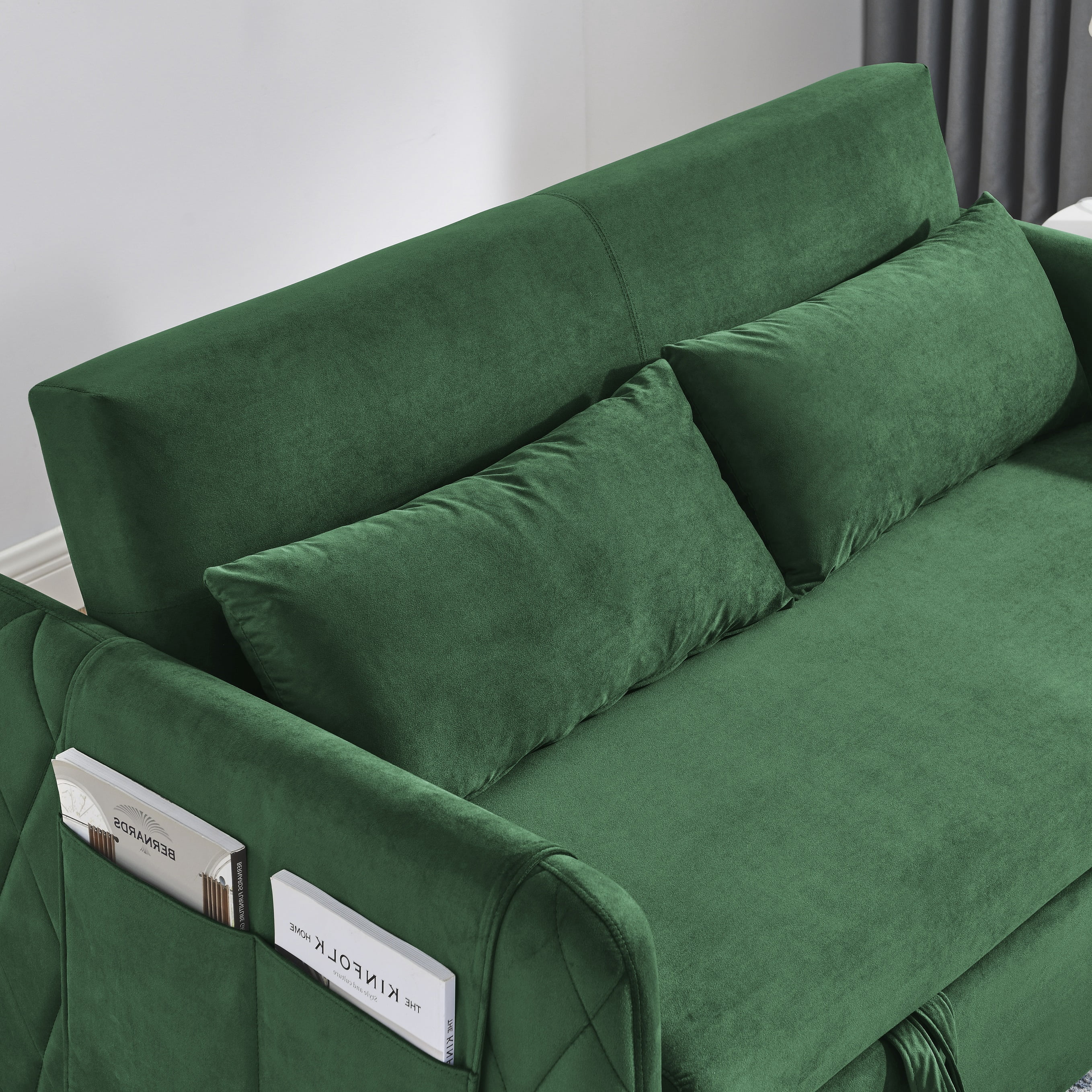 DEALTOPS 55" Modern Velvet Pull Out Sofa Bed Loveseat Lounge Chaise,Sleeper Sofa Bed with Adjustable Backrest 2 Detachable Arm Pockets - Green