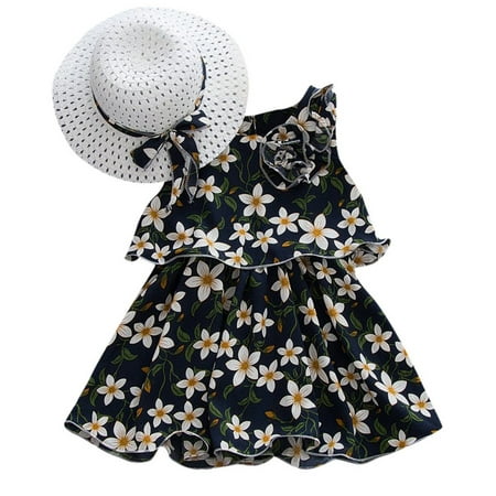 

Toddler Girls Casual Sleeveless Flowers Princess Dresses Bow Hat Outfits