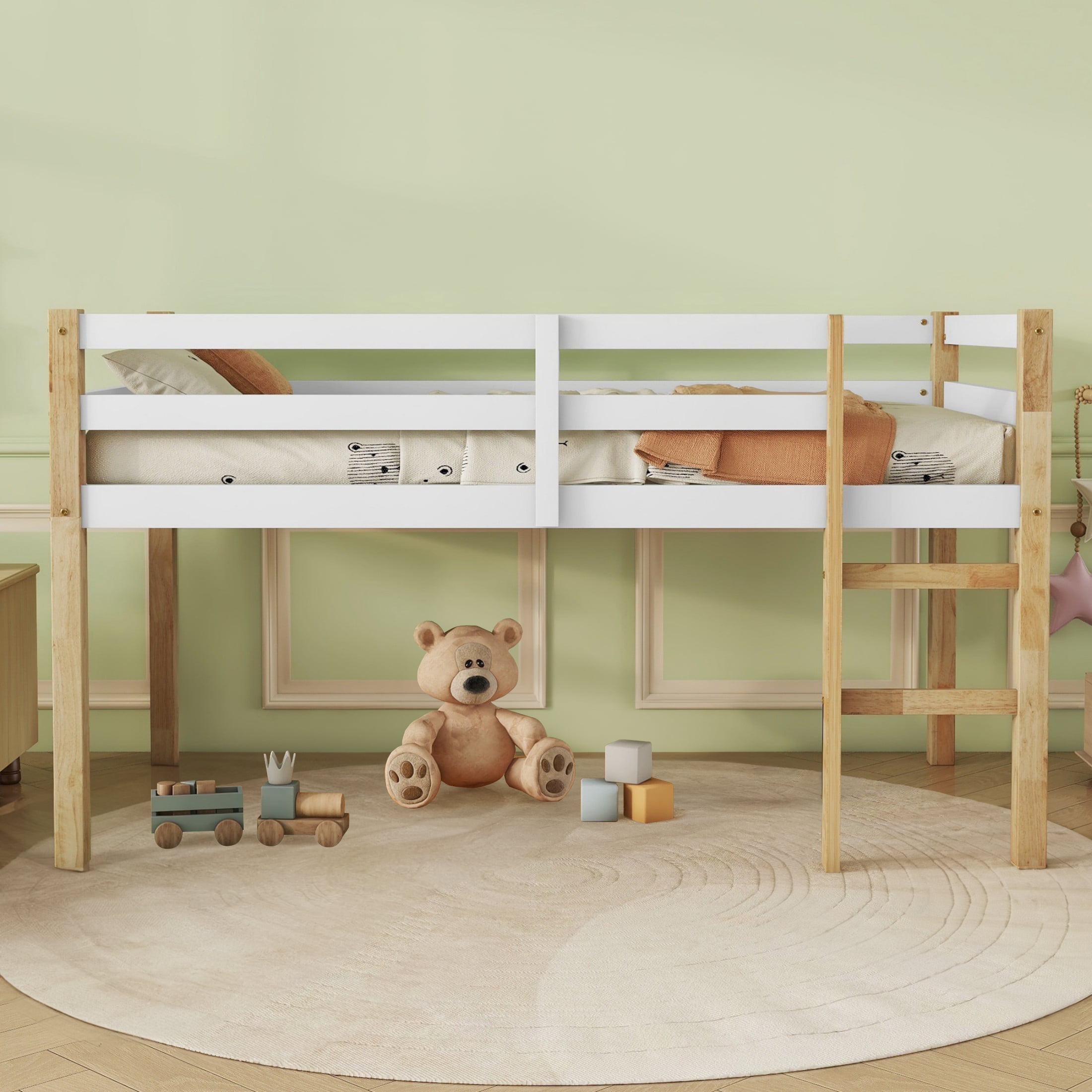 Aukfa Rubber Wood Twin Loft Bed with Ladder for Kids Girls Boys, Strengthened Slats, Natural/White