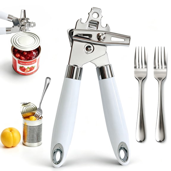 Wuscimy Manual Can Opener Set, Stainless Steel Blade, Smooth Edge, Bottle Opener, 2 Forks, White