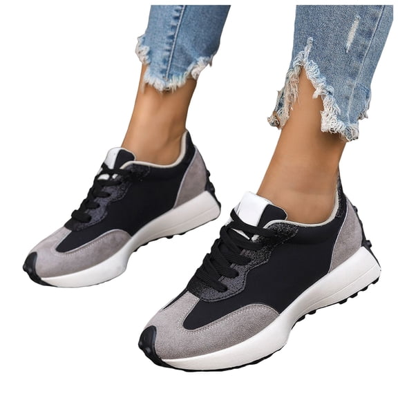 Rokment Womens Platform Walking Running Shoes Comfortable Vintage Suede Color Block Lace up Orthopedic Skate Tennis Fashion Sneakers Black Size 6.5