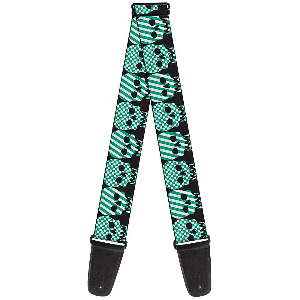 Buckle-Down Guitar Strap, Checker Stripe Skulls Black White Green, 2 Inches Wide