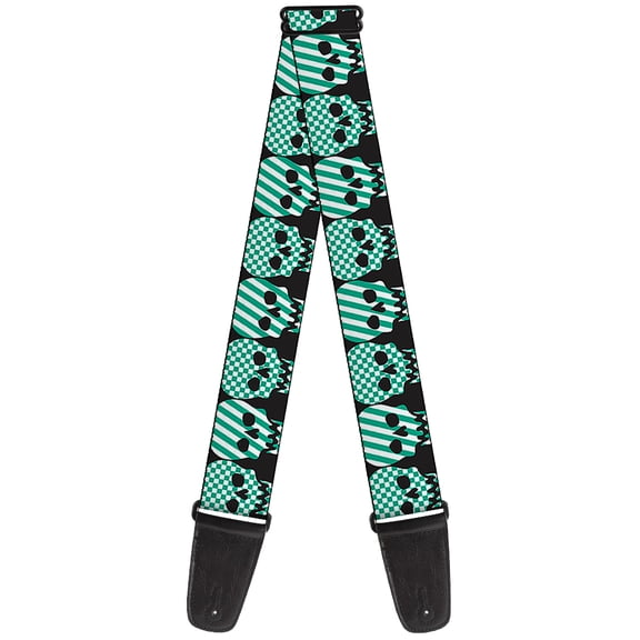 Buckle-Down Guitar Strap, Checker Stripe Skulls Black White Green, 2 Inches Wide
