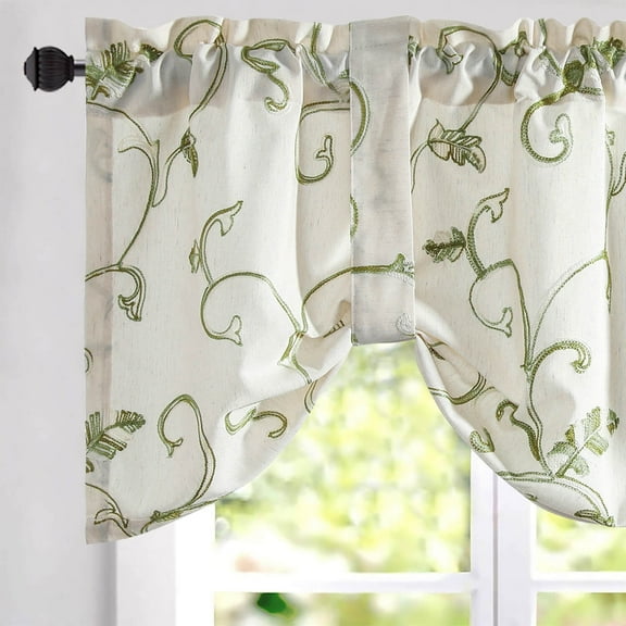 VOGOL Green Vines Embroidered Tie-up Valance, Faux Linen Tie-Up Window Treatment for Kitchen, 52''x18'', One Piece, Rod Pocket