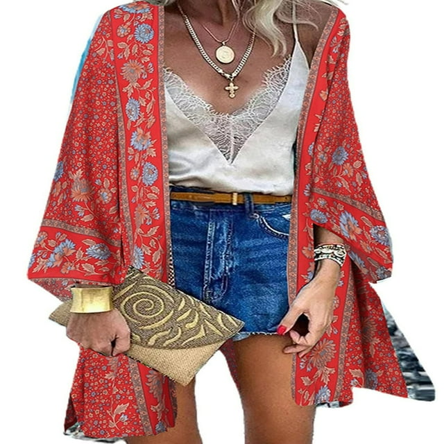 CHOK Blouse à Manches Longues Imprimée Boho Grande Taille pour Femmes, Kimono Cardigan Décontracté d'Été