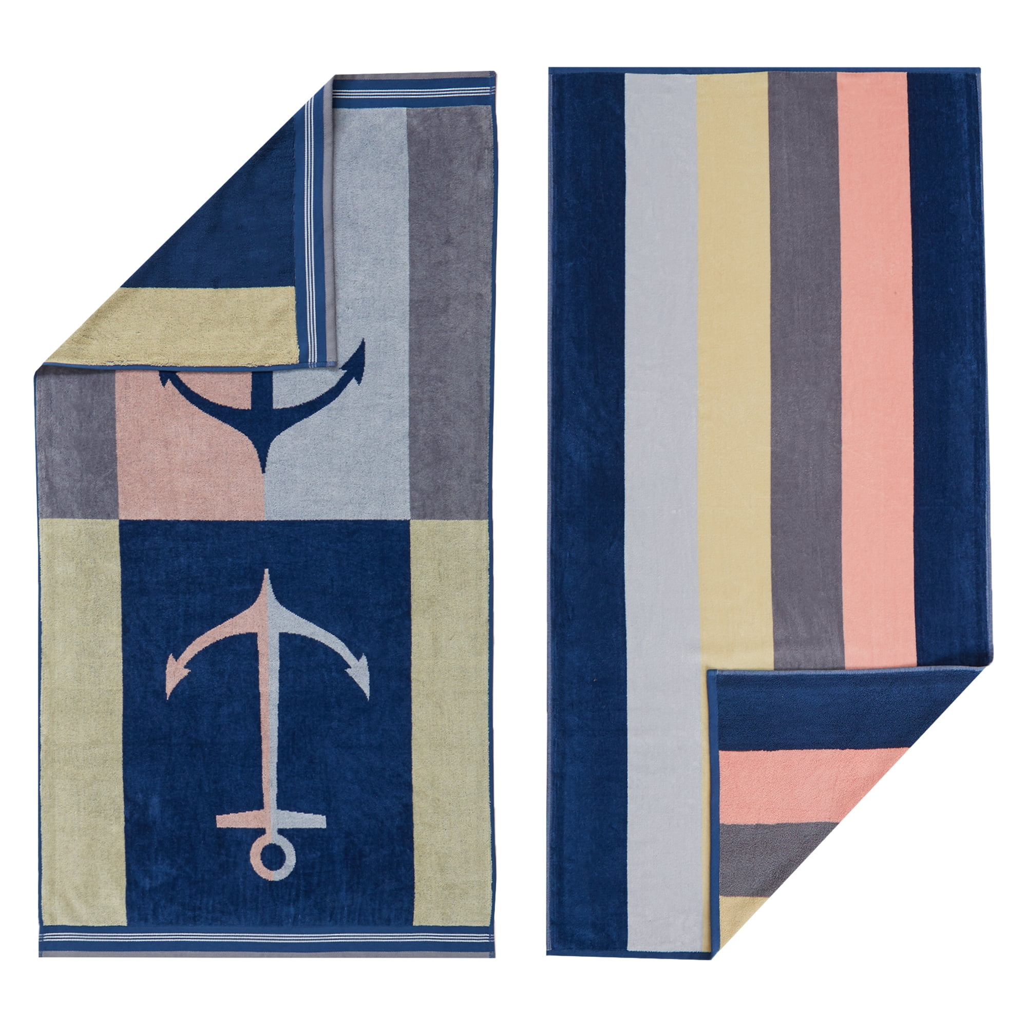 Great Bay Home Cotton Printed 2Pack Beach Towel (2 Pack 30" x 60", Anchor / Stripe)