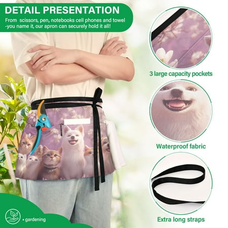

YAZAOO Aprons with Pockets for Server Aprons with 3 Pockets Water Resistant Half Waist Apron Cats and Dogs with Flowers