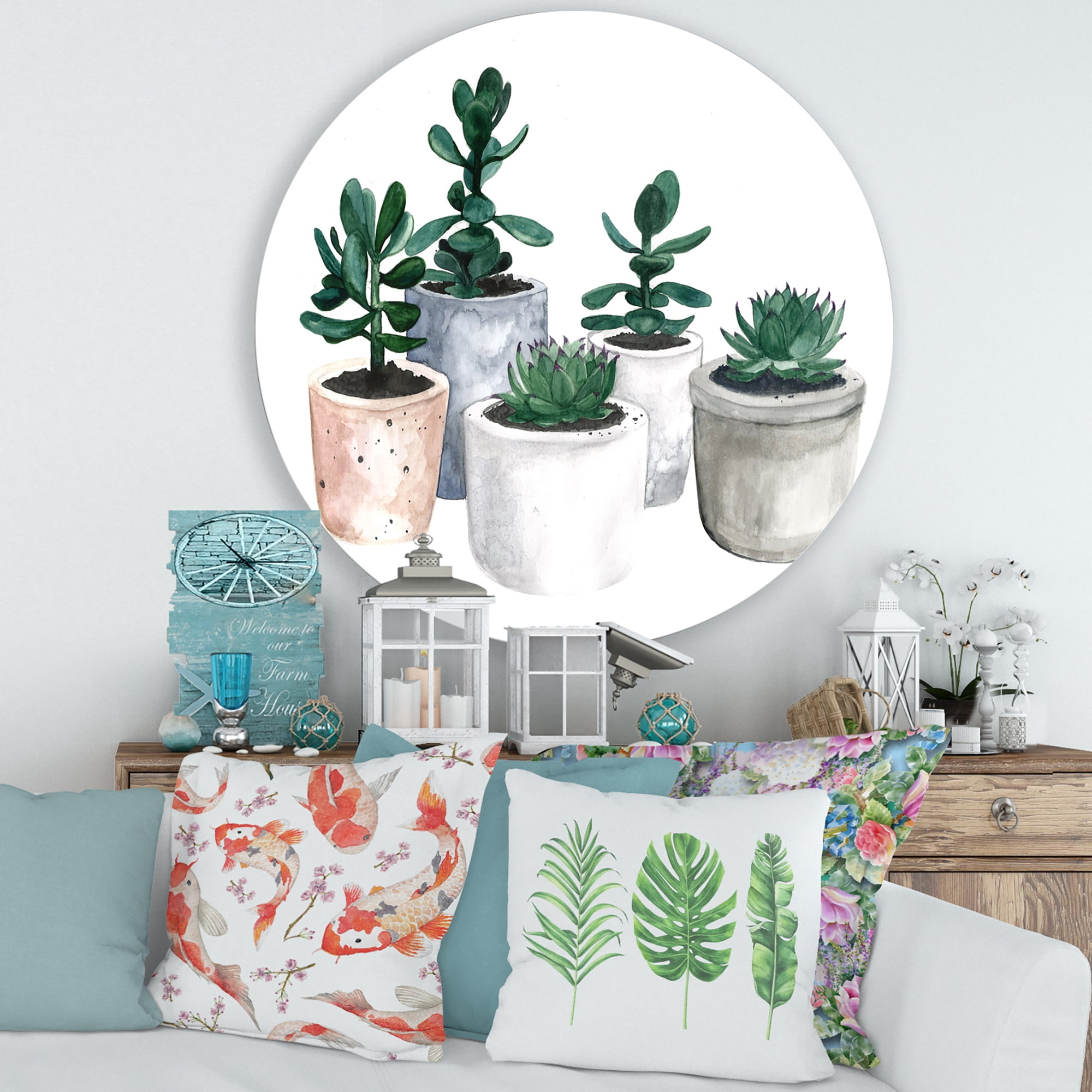 Designart 'Succulent and Cactus House Plants VI' Farmhouse Circle Metal Wall Art 36x36 - Disc of 36