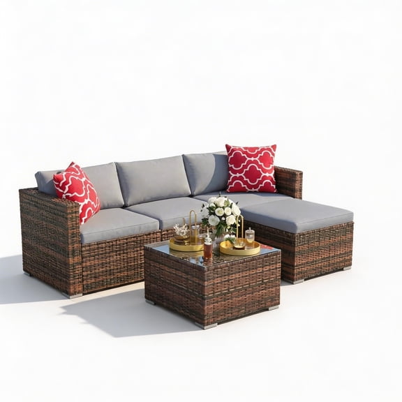 5-Piece Patio Furniture Set, All-Weather Wicker Rattan Sectional Sofa with Washable Cushions for Garden Backyard Porch Poolside – Brown & Grey