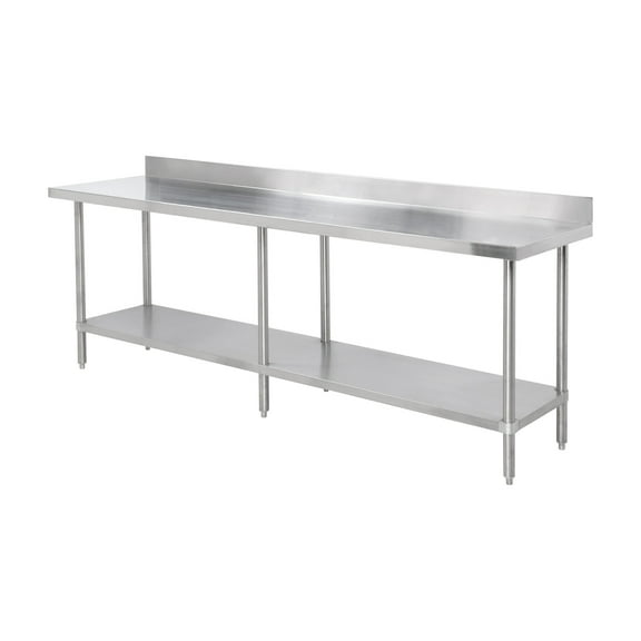 Excellante 30"x 96" x 35", 430 stainless steel worktable, flat top with 4" backsplash, comes in set