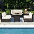 thumbnail image 2 of Patiojoy 6 PCS Patio Wicker Furniture Set With 30" Gas Fire Pit Table 50,000 BTU White Cushions, 2 of 9