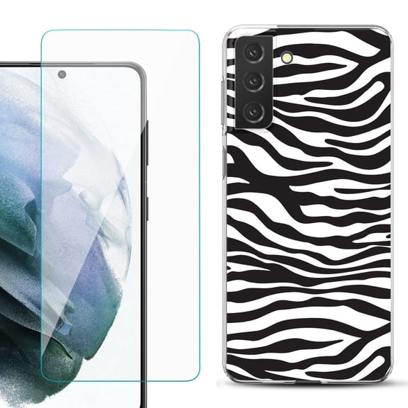 Slim-Fit TPU Fashion Phone Case for Samsung Galaxy S21 FE 5G Fan Edition, with Tempered Glass Screen Protector, by OneToughShield ® - Zebra B/W