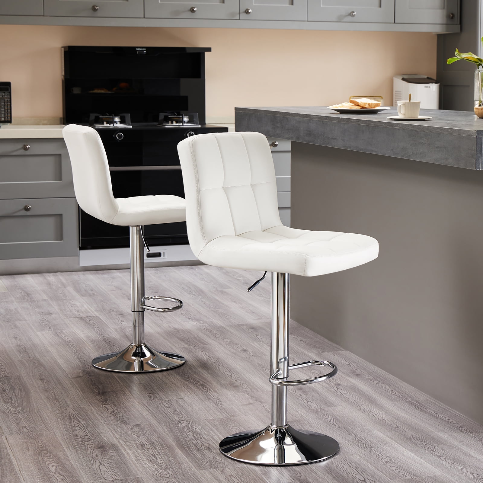 JIOABL Bar Stools Set of 4, Armless Adjustable Swivel Barstools, PU Leather Hydraulic Kitchen Counter Height Bar Stools, Thickened Seat Cushion Square Island Barstools with Back, White
