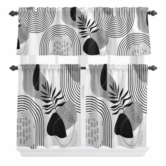 3 Piece Kitchen Curtains and Valances Set Grey Boho Geometric Cafe Curtains 24 Inch Length Vintage Ethnic Abstract Lines Leaves Valance & Tier Curtain for Living Room Bedroom Window 54"x18" 27"x24"*2