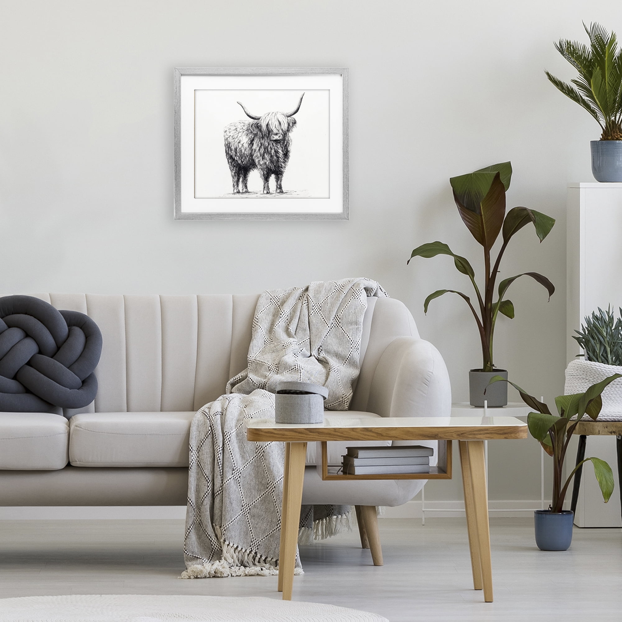 Stupell Industries Highland Cow in Charcoal Gray Framed Print Under Glass, design by Leah Noel Art