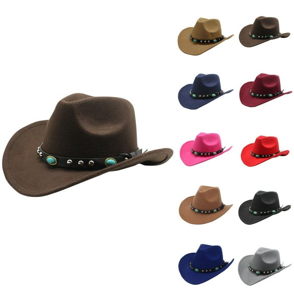 Womens Western Cowboy Hats Studded Pinched Men Western Cowgirl Hats Wide Brim Fedoras Hat with Belt Buckle Gray One Size
