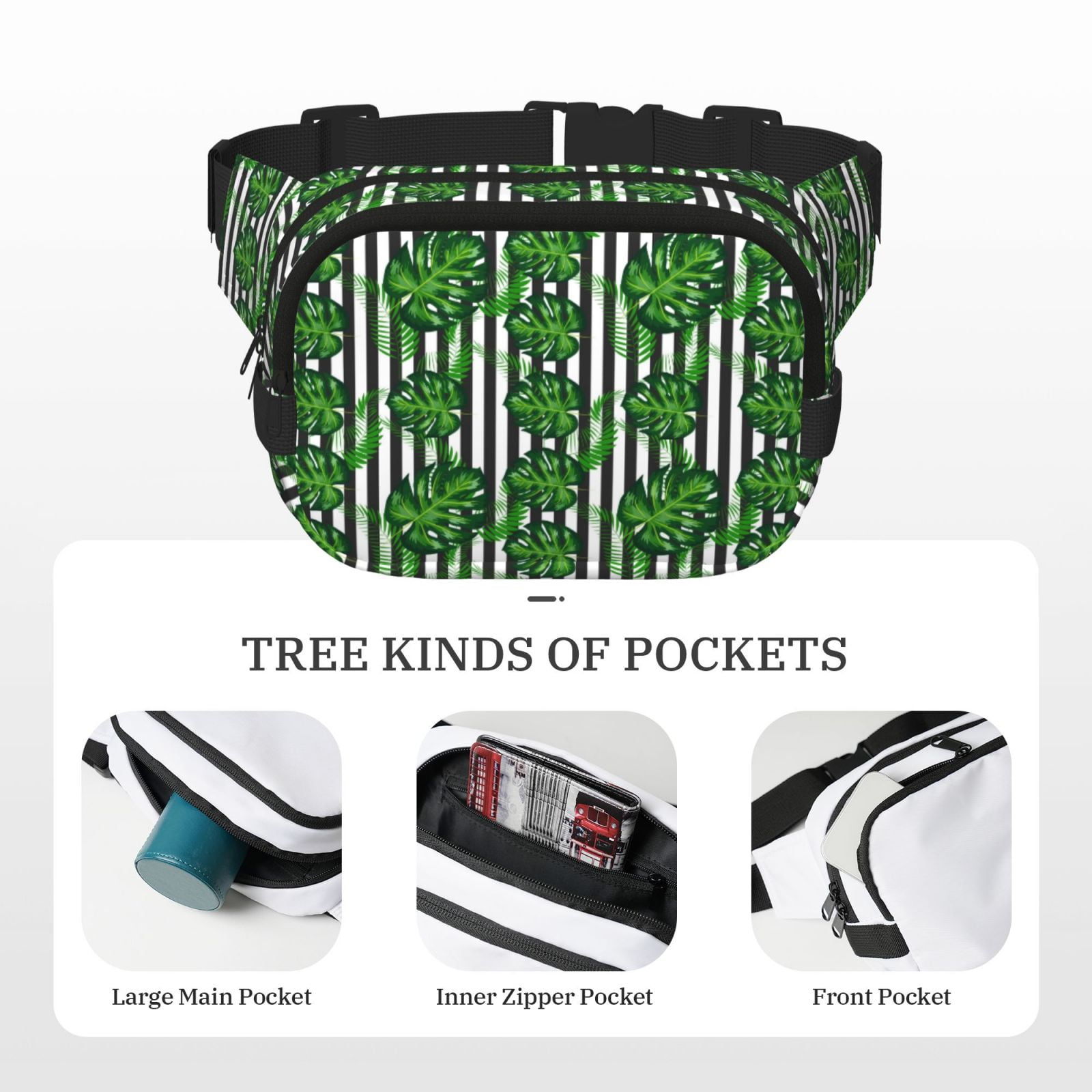Picia Palm Greenery Print Square Double-Layer Waist Bag Mini Adjustable Waist Belt Bag Exercise Running Travel Hiking