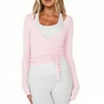 thumbnail image 4 of Stichou Women Wrap Tie Top Y2k Long SLeeve Ballet Workout Yoga Shirt Comfortable Blouses Pink L, 4 of 5