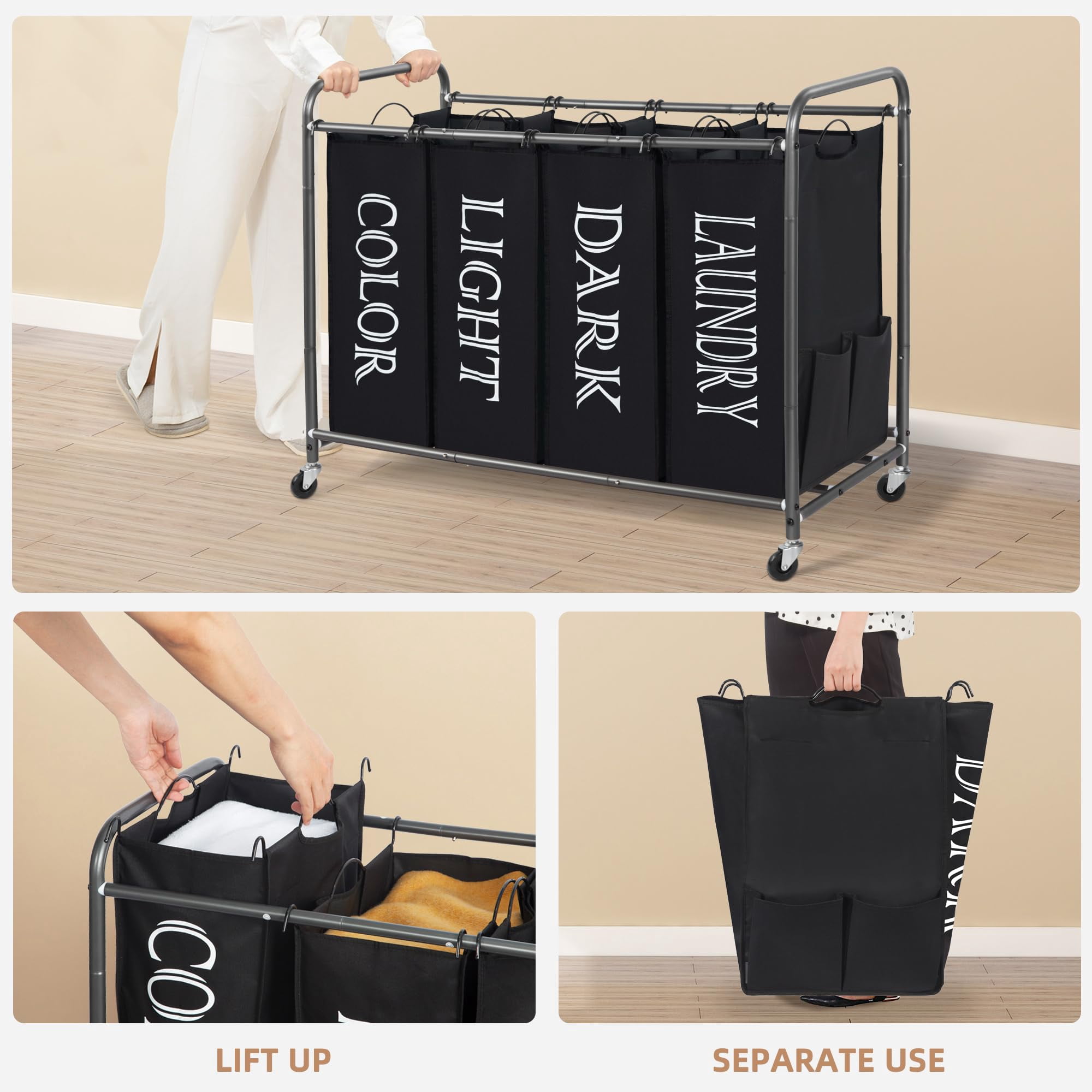 Laundry Sorter 4 Section, 47.8 Gal (181 L) Laundry Hamper with Wheels, Clothes Divider Basket Sorter, Clothes Separator Hamper Cart with Wheels and Removable Bags, Black