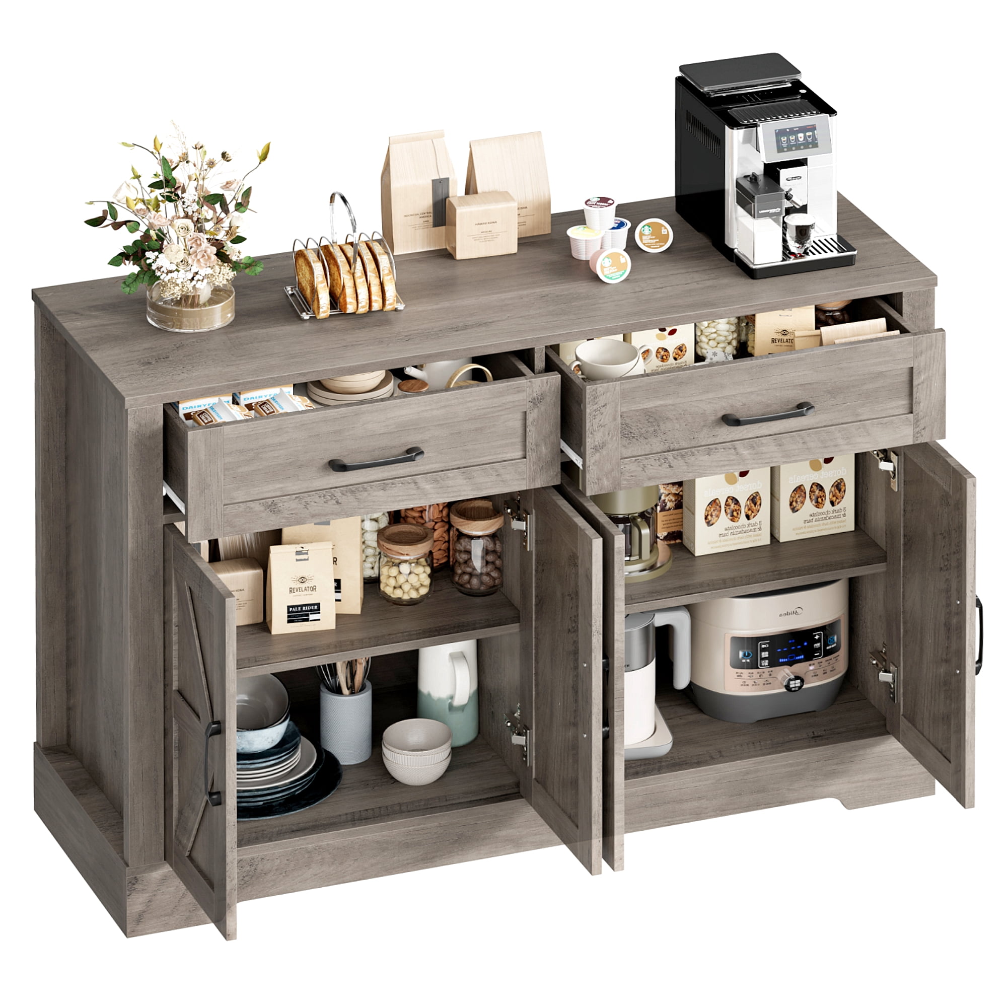 Homfa Buffet Cabinet with 2 Drawers and 4 Doors, Kitchen Sideboard Storage Cabinet, Farmhouse Coffee Bar Cabinet for Dining Room, White & Brown, Gray