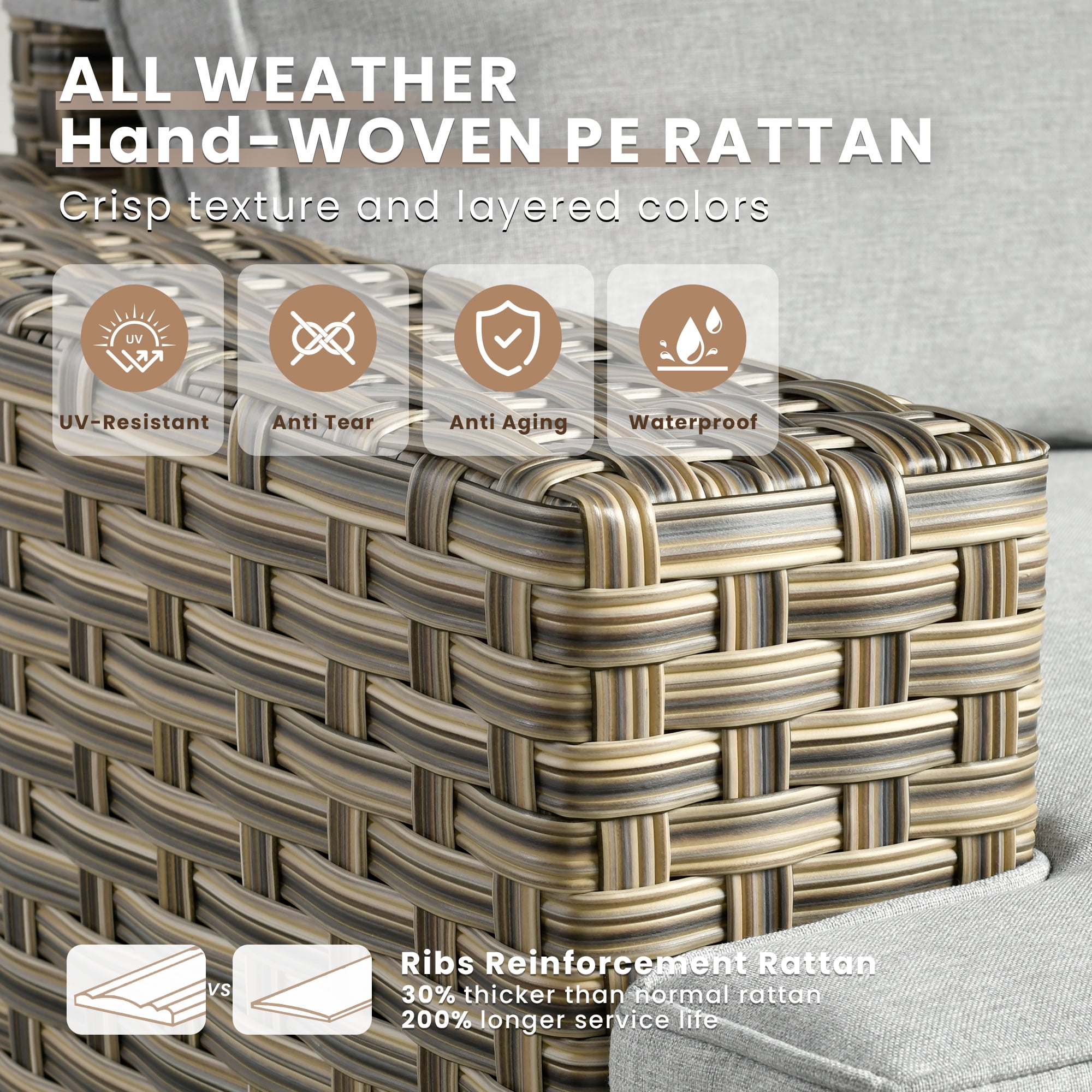 Vcatnet 8 Pieces Patio Furniture Sets PE Wicker Sectional Sofa Rattan Outdoor Conversation Set with Solar Powered Coffee Table for Porch, Backyard, Gray