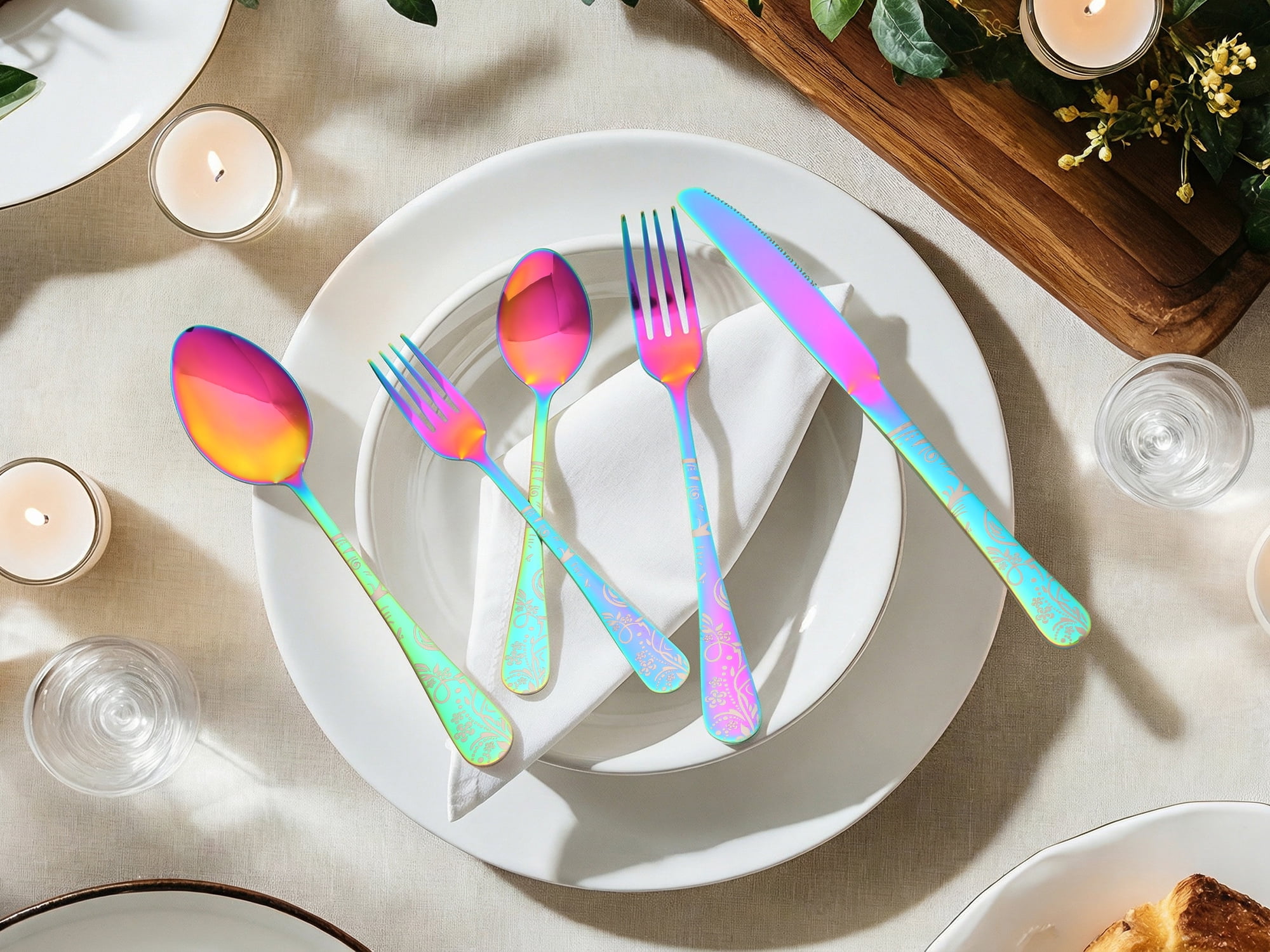 Unique Bargains 20 Piece Stainless Steel Floral Flatware Silverware Set for 4 Colorful
