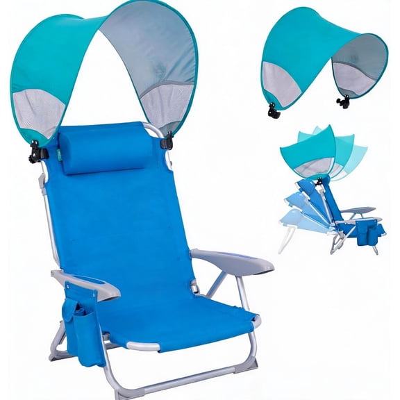 Reclining Beach Chair with Canopy Shade 4-Position Adjustable Lay-Flat Design Lightweight Folding Aluminum Frame Padded Headrest Heavy-Duty 400 lb Capacity Blue Classic Low Profile