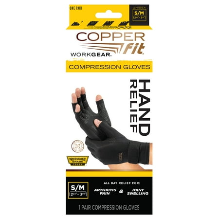 Copper Fit Work Gear Compression Gloves, Hand and Joint Pain Relief, 1 Pair, S/M